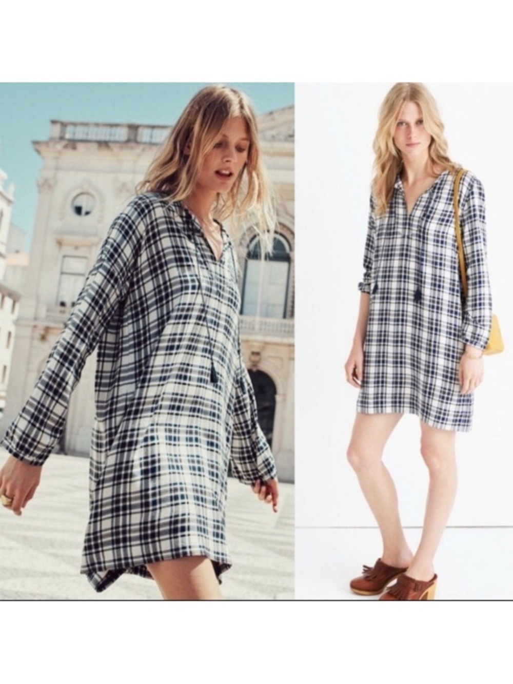 Madewell Artiste Dress Tunic Tassles Dark Blue White Plaid Size S